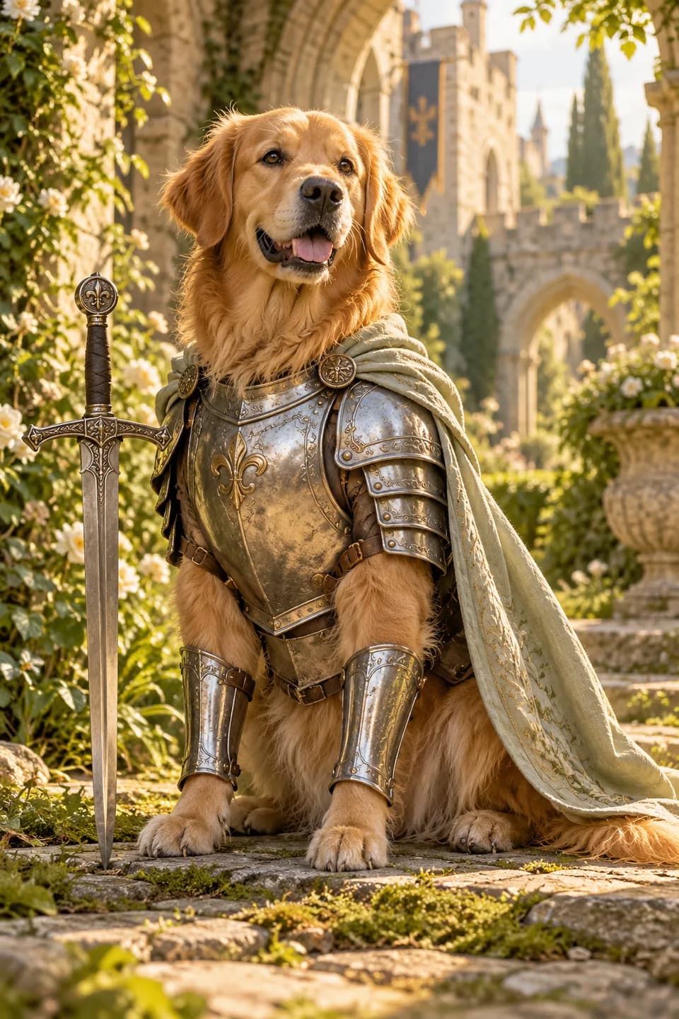 Original sample golden retriever knight in a warm castle garden