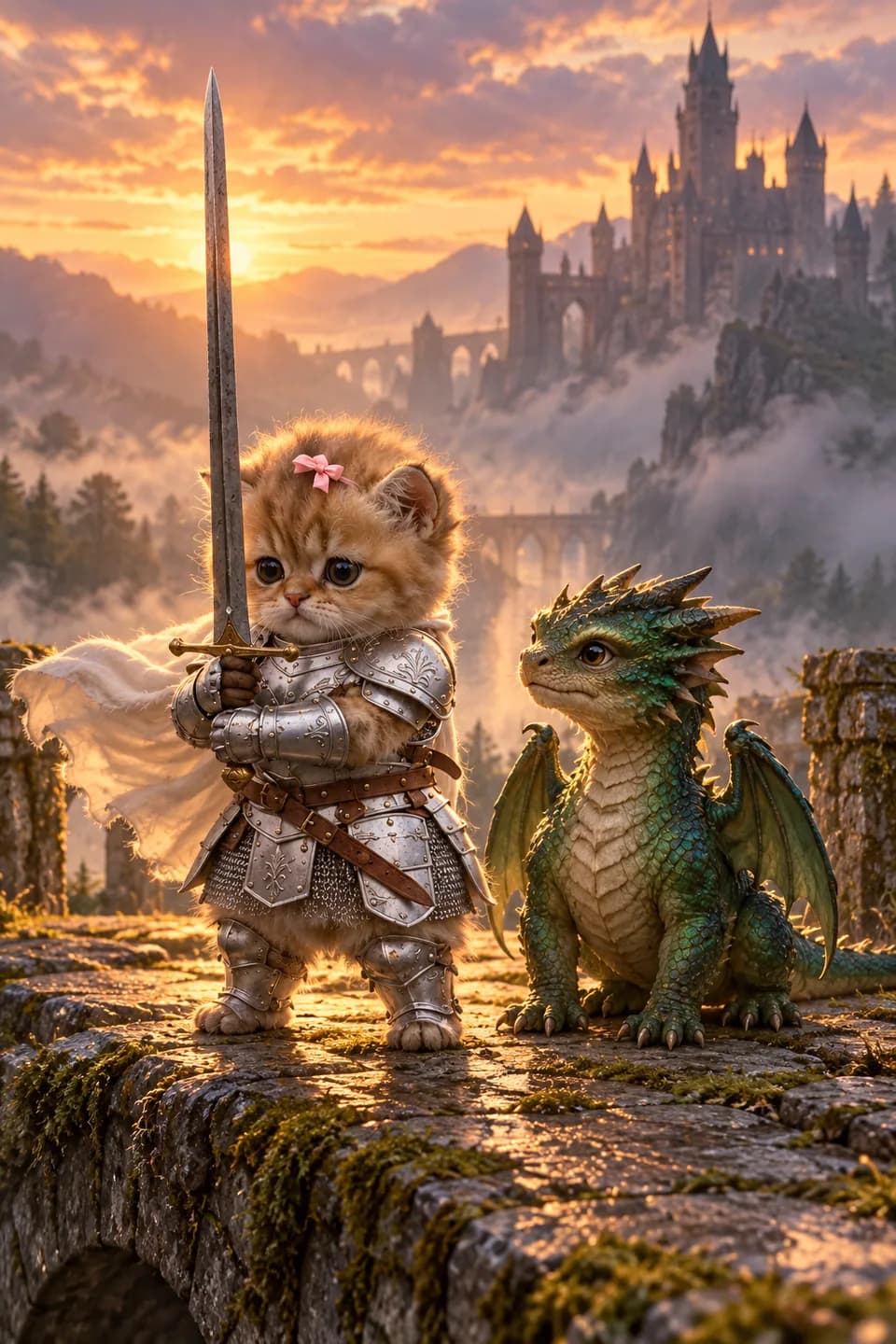 Pink-bow kitten knight and a small dragon, AI-made sample
